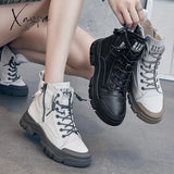 Xajzpa - Leather Boots for Women Sports Ankle Boots Female Luxury Designer Shoes Woman Flats Platform Heels Rubber Sole