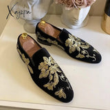 Xajzpa - Loafers Men Shoes Fashion Black Imitation Suede Gold Embroidery Flower Business Casual