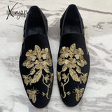 Xajzpa - Loafers Men Shoes Fashion Black Imitation Suede Gold Embroidery Flower Business Casual