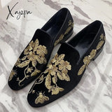 Xajzpa - Loafers Men Shoes Fashion Black Imitation Suede Gold Embroidery Flower Business Casual