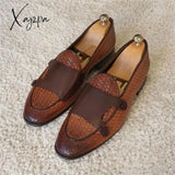 Xajzpa - Loafers Men Shoes Pu Leather Black Brown Classic Casual Wedding Party Daily Woven Pattern Double Button Fashion Dress Shoes