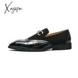 Xajzpa - Loafers Men Shoes Stone Pattern Pu Stitching Faux Suede Metal Buckle Fashion Business