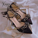 Xajzpa - Lolita High Heels Stiletto Sexy Women Shoes French Style Cosplay Ladies Mesh Bowknot Pumps