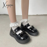 Xajzpa - Lolita Shoes Latform Loafers Mary Jane Women Retro British Small Leather Bow Tie