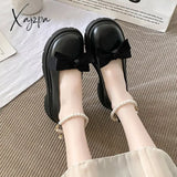 Xajzpa - Lolita Shoes Latform Loafers Mary Jane Women Retro British Small Leather Bow Tie Black-2 /