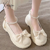 Xajzpa - Lolita Shoes Latform Loafers Mary Jane Women Retro British Small Leather Bow Tie White-1 /