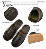 Xajzpa - Luxury Cow Split Leather Handmade Men Home Slippers Spring Slip On Soft Comfortable Black