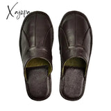 Xajzpa - Luxury Cow Split Leather Handmade Men Home Slippers Spring Slip On Soft Comfortable Black