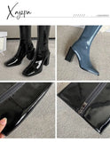 Xajzpa - Luxury Fashion Ladies White Blue Black Patent Leather In Square Toe Knee High Boots Woman