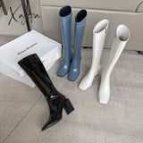 Xajzpa - Luxury Fashion Ladies White Blue Black Patent Leather In Square Toe Knee High Boots Woman