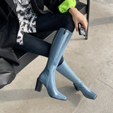 Xajzpa - Luxury Fashion Ladies White Blue Black Patent Leather In Square Toe Knee High Boots Woman