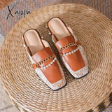 Xajzpa - Luxury Woman Mules Summer Close Toe Women Pearl Metal Chain Lazy Slides Flat Heel Girl