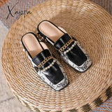 Xajzpa - Luxury Woman Mules Summer Close Toe Women Pearl Metal Chain Lazy Slides Flat Heel Girl