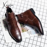 Xajzpa - Men Ankle Boots Brown Black Handmade Pu Leather Buckle Strap Shoes For With Free Shipping