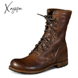 Xajzpa Men Boots Leather Plus Size Knight Boots Man Lace Up Ankle Brithsh Motorcycle For Zapatos De