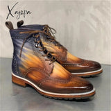 Xajzpa - Men Fashion Brogue Ankle Boots Classic Retro Casual Street Daily Round Toe Carved Lace Up PU 3D Printing Personality Men Shoes
