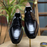 Xajzpa - Men Loafers Leather Square Toe Low Heel Mask Slip On Classic Fashion Wedding Business