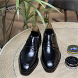 Xajzpa - Men Loafers Leather Square Toe Low Heel Mask Slip On Classic Fashion Wedding Business