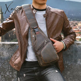 Xajzpa - Men Original Crazy Horse Leather Casual Triangle Crossbody Chest Sling Bag Design Travel