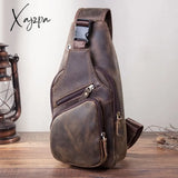 Xajzpa - Men Original Crazy Horse Leather Casual Triangle Crossbody Chest Sling Bag Design Travel