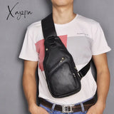 Xajzpa - Men Original Crazy Horse Leather Casual Triangle Crossbody Chest Sling Bag Design Travel