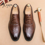 Xajzpa - Men Oxford Shoes Classic Handmade Pu Pointed Toe Lace Comfortable Non-Slip Business Brown