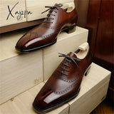 Xajzpa - Men Oxford Shoes Classic Handmade Pu Pointed Toe Lace Comfortable Non-Slip Business Brown