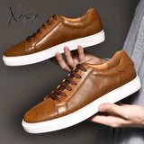 Xajzpa - Men Shoes Genuine Leather Casual Fashion Sneakers British Style Cow New Auburn / 5.5