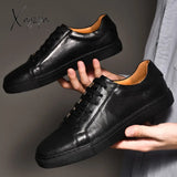 Xajzpa - Men Shoes Genuine Leather Casual Fashion Sneakers British Style Cow New Black / 5.5