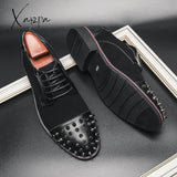 Xajzpa - Men Shoes Punk Rivet Black Lace-Up Breathable Casual Fashion Handmade For Dress Black / 38