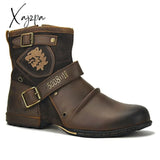 Xajzpa - Men’s Ankle Boots High Quality Cowboy Men Metal Buckle Side Zipper Motorcycle Gothic