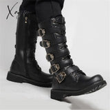 Xajzpa - Men's Leather Motorcycle Boots Mid-calf Military Combat Boots Gothic Belt Punk Boots Men Shoes Tactical Army Boot