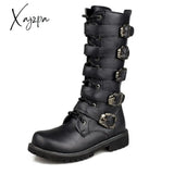 Xajzpa - Men’s Leather Motorcycle Boots Mid-Calf Military Combat Gothic Belt Punk Men Shoes