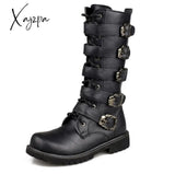 Xajzpa - Men’s Leather Motorcycle Boots Mid-Calf Military Combat Gothic Belt Punk Men Shoes