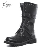 Xajzpa - Men’s Leather Motorcycle Boots Mid-Calf Military Combat Gothic Belt Punk Men Shoes