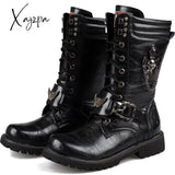 Xajzpa - Men’s Leather Motorcycle Boots Mid-Calf Military Combat Gothic Belt Punk Men Shoes