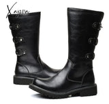 Xajzpa - Men’s Leather Motorcycle Boots Mid-Calf Military Combat Gothic Belt Punk Men Shoes