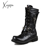 Xajzpa - Men’s Leather Motorcycle Boots Mid-Calf Military Combat Gothic Belt Punk Men Shoes