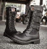 Xajzpa - Men’s Leather Motorcycle Boots Mid-Calf Military Combat Gothic Belt Punk Men Shoes