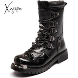 Xajzpa - Men’s Leather Motorcycle Boots Mid-Calf Military Combat Gothic Belt Punk Men Shoes