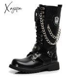 Xajzpa - Men’s Leather Motorcycle Boots Mid-Calf Military Combat Gothic Belt Punk Men Shoes