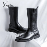 Xajzpa - Men’s Leather Motorcycle Boots Mid-Calf Military Combat Gothic Belt Punk Men Shoes