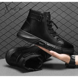 Xajzpa - Men’s Motorcycle Boots Comfortable Platform Men‘s’ Outdoor High Top Leather Fashion