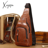 Xajzpa - Men's Retro Top Layer Cowhide Genuine Leather Shoulder Bags Pack USB Crossbody Travel Sling Messenger Pack Chest Bag for Male