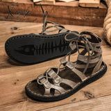 Xajzpa - Men’s Summer Sandals Genuine Leather Gladiator Fashion Ankle Shoes Men Retro Flats