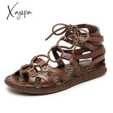 Xajzpa - Men’s Summer Sandals Genuine Leather Gladiator Fashion Ankle Shoes Men Retro Flats