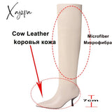 Xajzpa - Meotina Pleated Real Leather High Heel Long Boots Women Shoes Pointed Toe Stiletto Heels