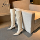 Xajzpa - Meotina Pleated Real Leather High Heel Long Boots Women Shoes Pointed Toe Stiletto Heels