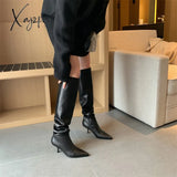 Xajzpa - Meotina Pleated Real Leather High Heel Long Boots Women Shoes Pointed Toe Stiletto Heels