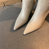 Xajzpa - Meotina Pleated Real Leather High Heel Long Boots Women Shoes Pointed Toe Stiletto Heels